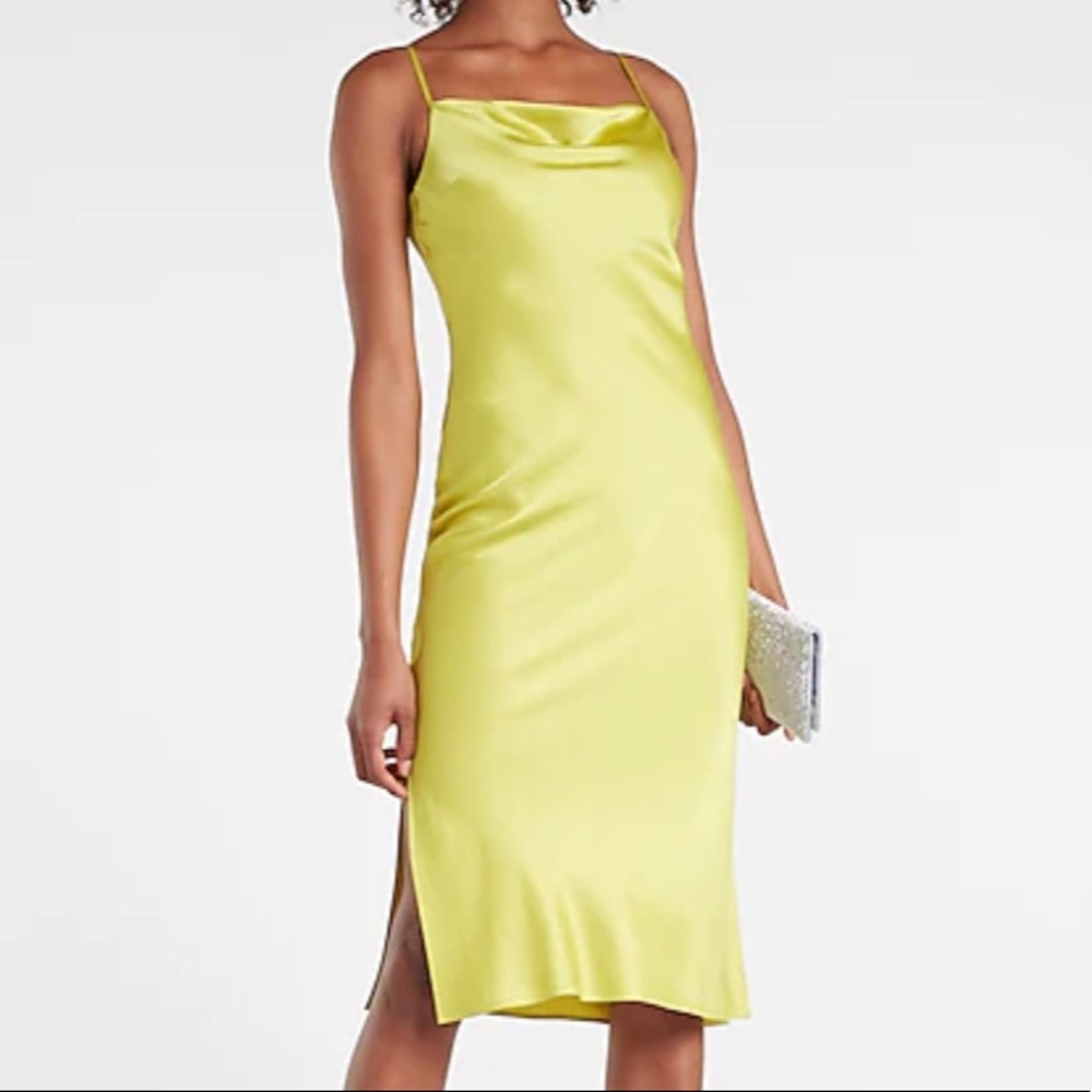 EXPRESS Satin Cowl Neck Midi Slip Dress in Lime Green